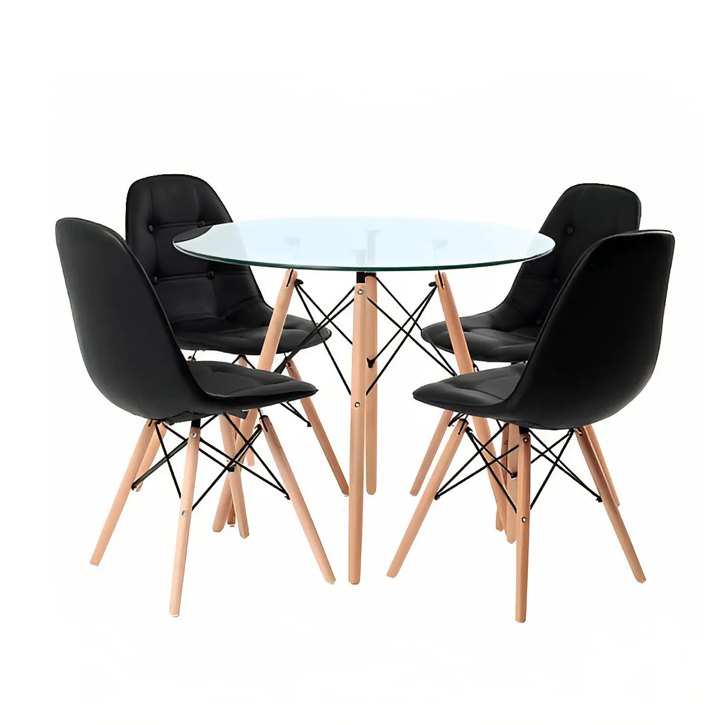 Comedor de Vidrio Redonda 100 cm + 4 Sillas Buckle Ecocuero Negras 1