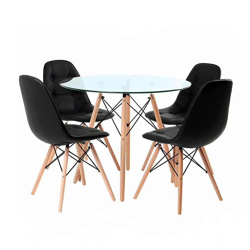 Comedor de Vidrio Redonda 100 cm + 4 Sillas Buckle Ecocuero Negras 1