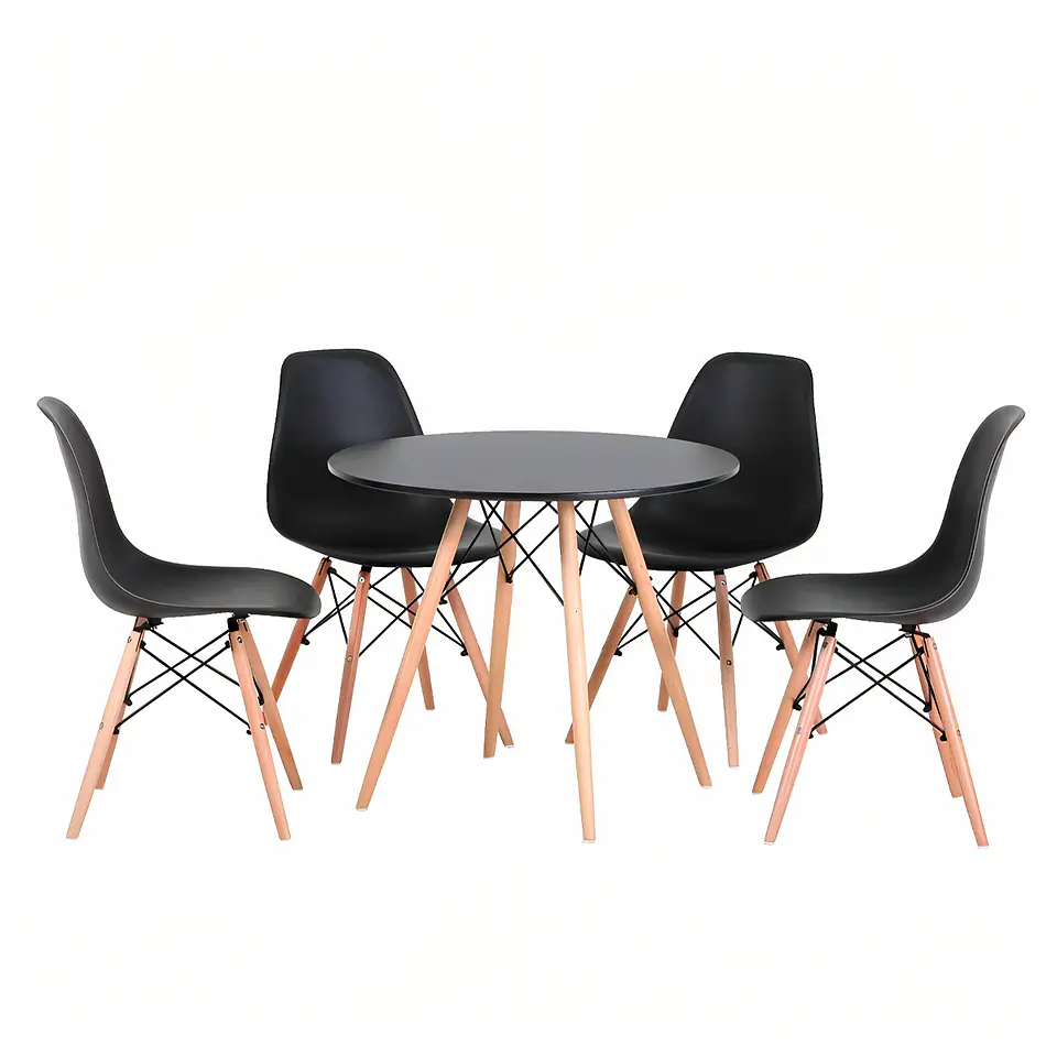 Comedor Mesa Eames Redonda Negra 80cm + 4 Sillas Eames Negras 1