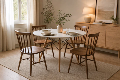Mesa Eames Redonda 100cm + 4 Sillas Windsor Café