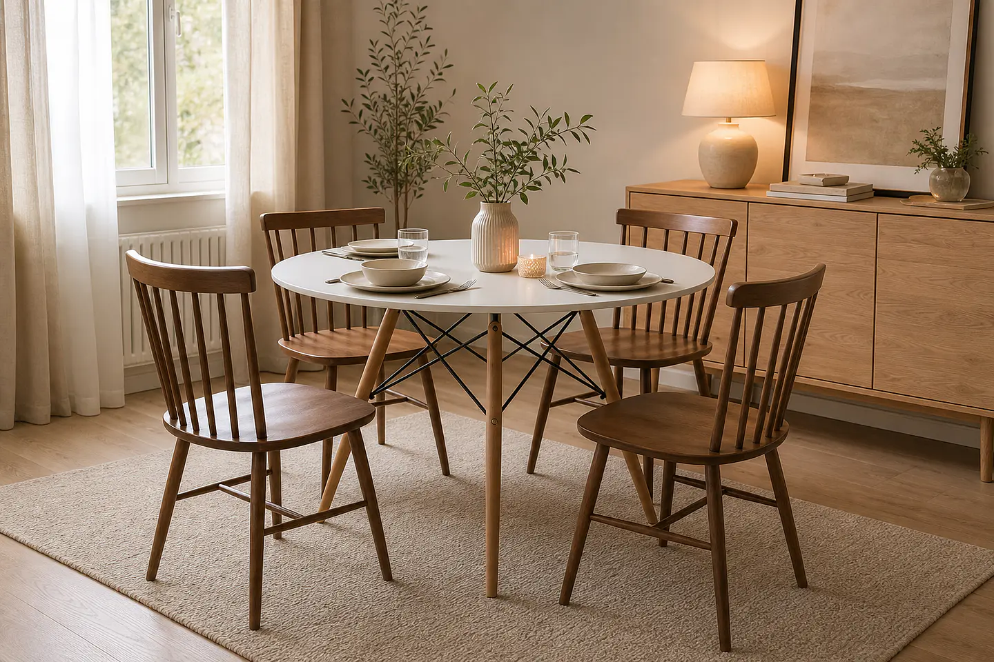 Mesa Eames Redonda 100cm + 4 Sillas Windsor Café 1