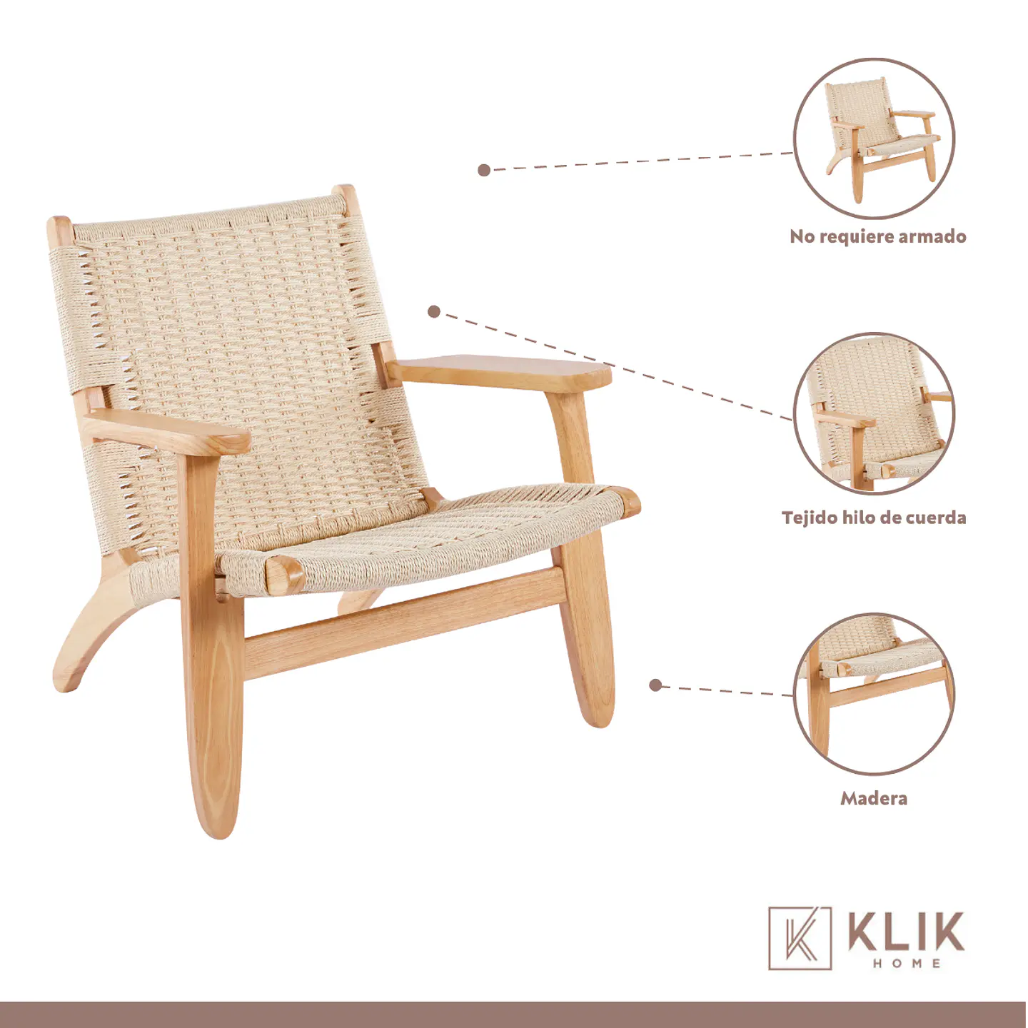Butaca Sitial Danesa Wegner - Madera Hilo de Cuerda 7