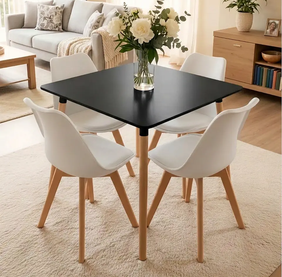 Comedor Mesa Cuadrada Blanca + 4 Sillas Tulip Acolchadas  7