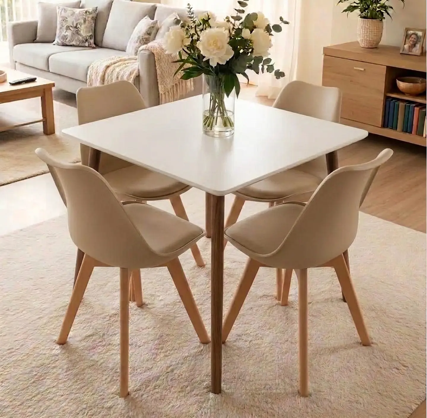 Comedor Mesa Cuadrada Blanca + 4 Sillas Tulip Acolchadas  9