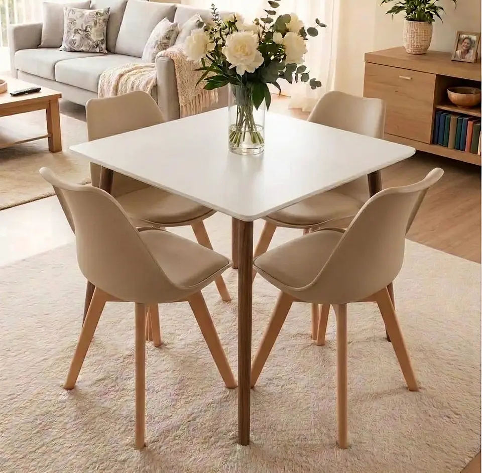 Comedor Mesa Cuadrada Blanca + 4 Sillas Tulip Acolchadas  9