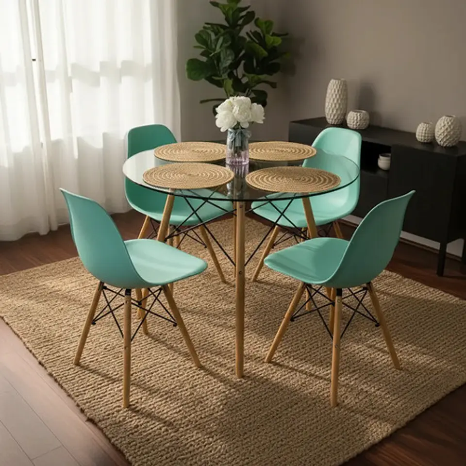 Juego Comedor Mesa Eames Vidrio 100cm + 4 Sillas Eames 1