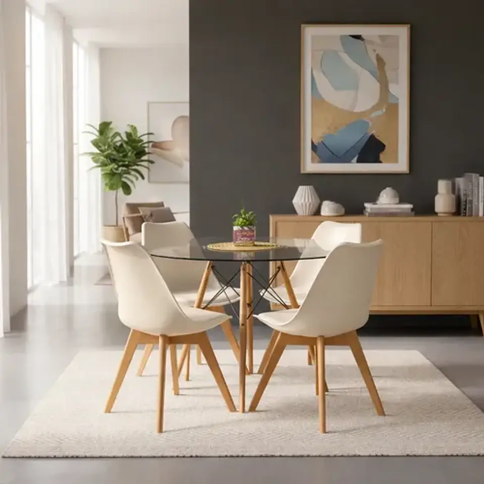 Mesa Eames De Vidrio De 80cm Y 4 Sillas De Tulip 7