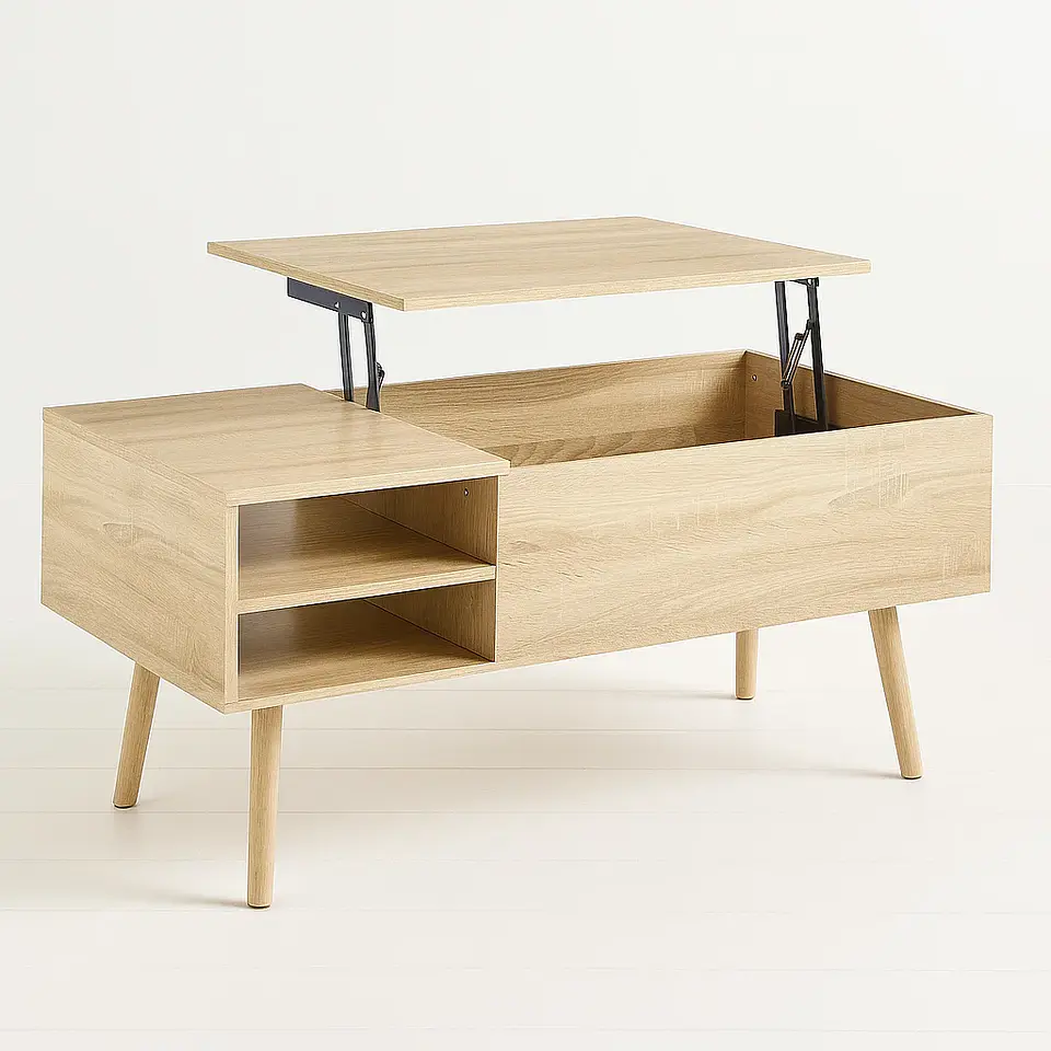 Mesa de Centro elevable con bandeja y almacenamiento - Madera 1