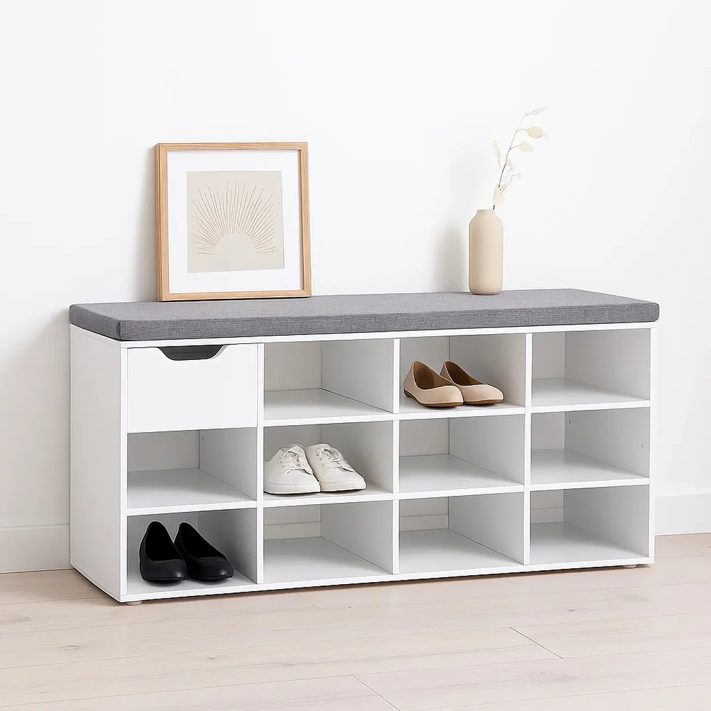 Banco Zapatero Blanco con Cojín y 10 Compartimentos 4