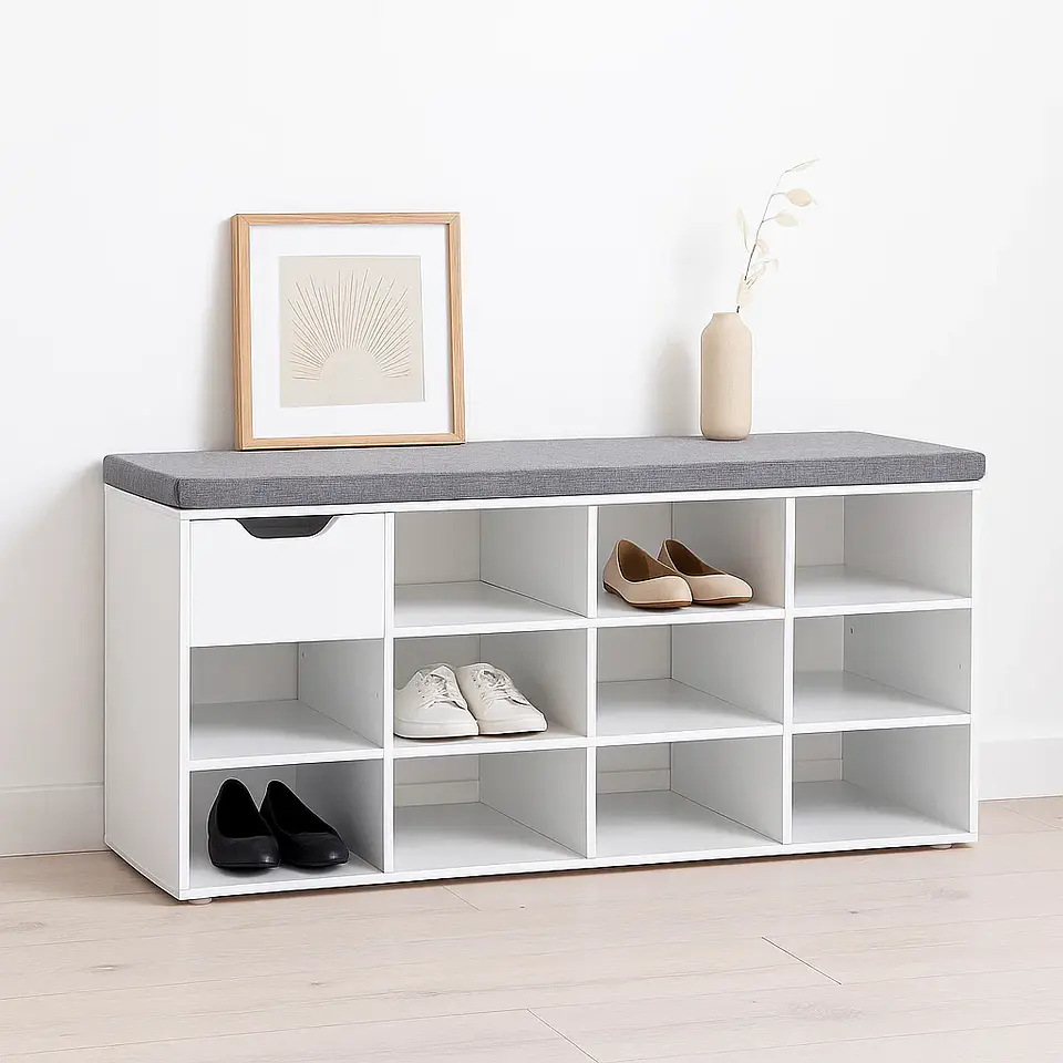 Banco Zapatero Blanco con Cojín y 10 Compartimentos 4
