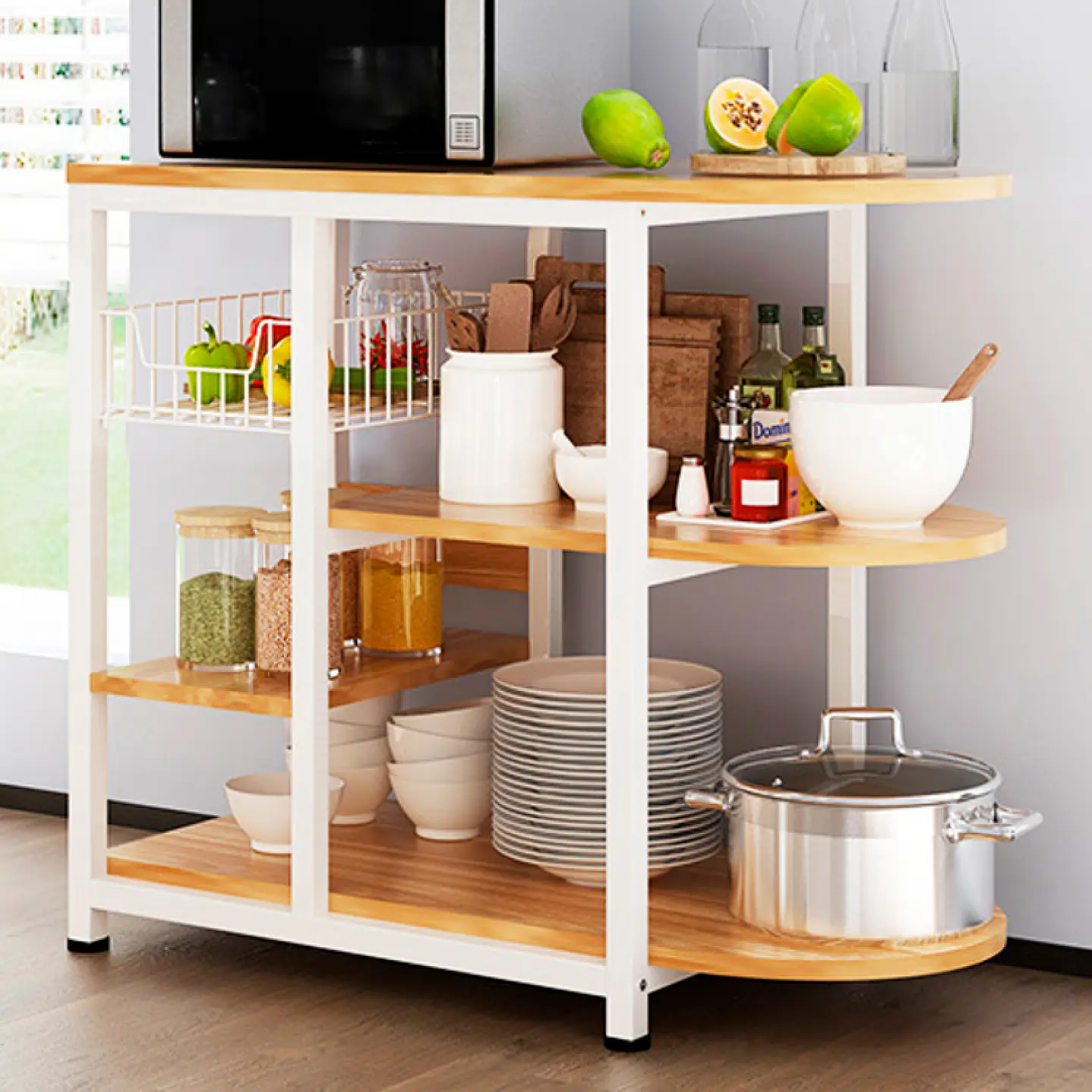 Mesa lateral para cocina de organización 3 niveles madera clara - Blanca - Blanco 4