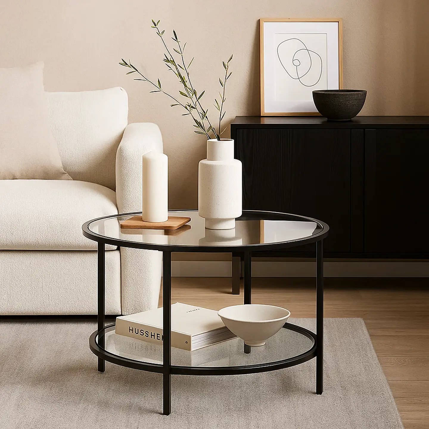 Mesa de Centro Orbe con Vidrio y Metal Negro 1