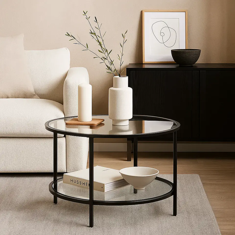 Mesa de Centro Orbe con Vidrio y Metal Negro 1
