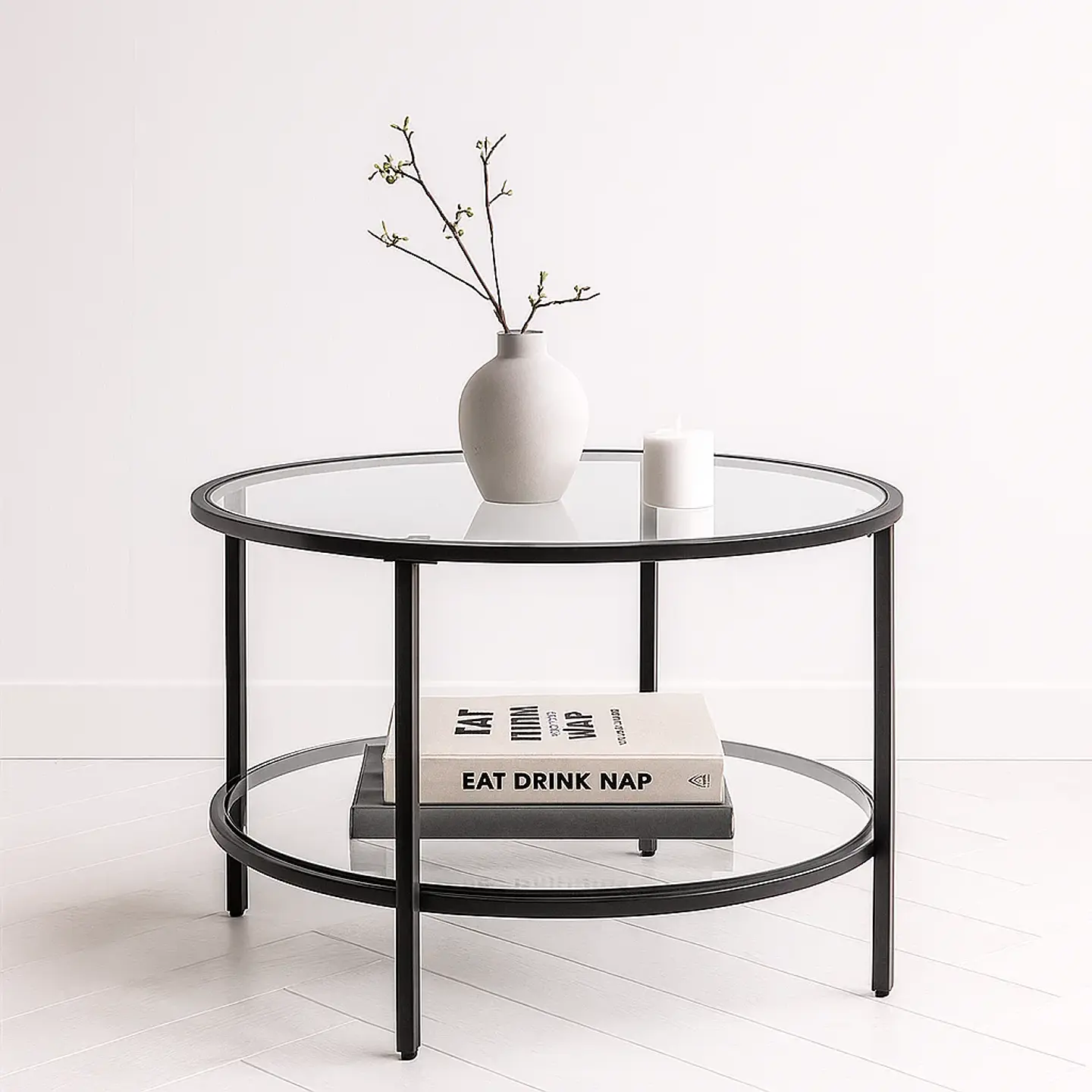 Mesa de Centro Orbe con Vidrio y Metal Negro 4