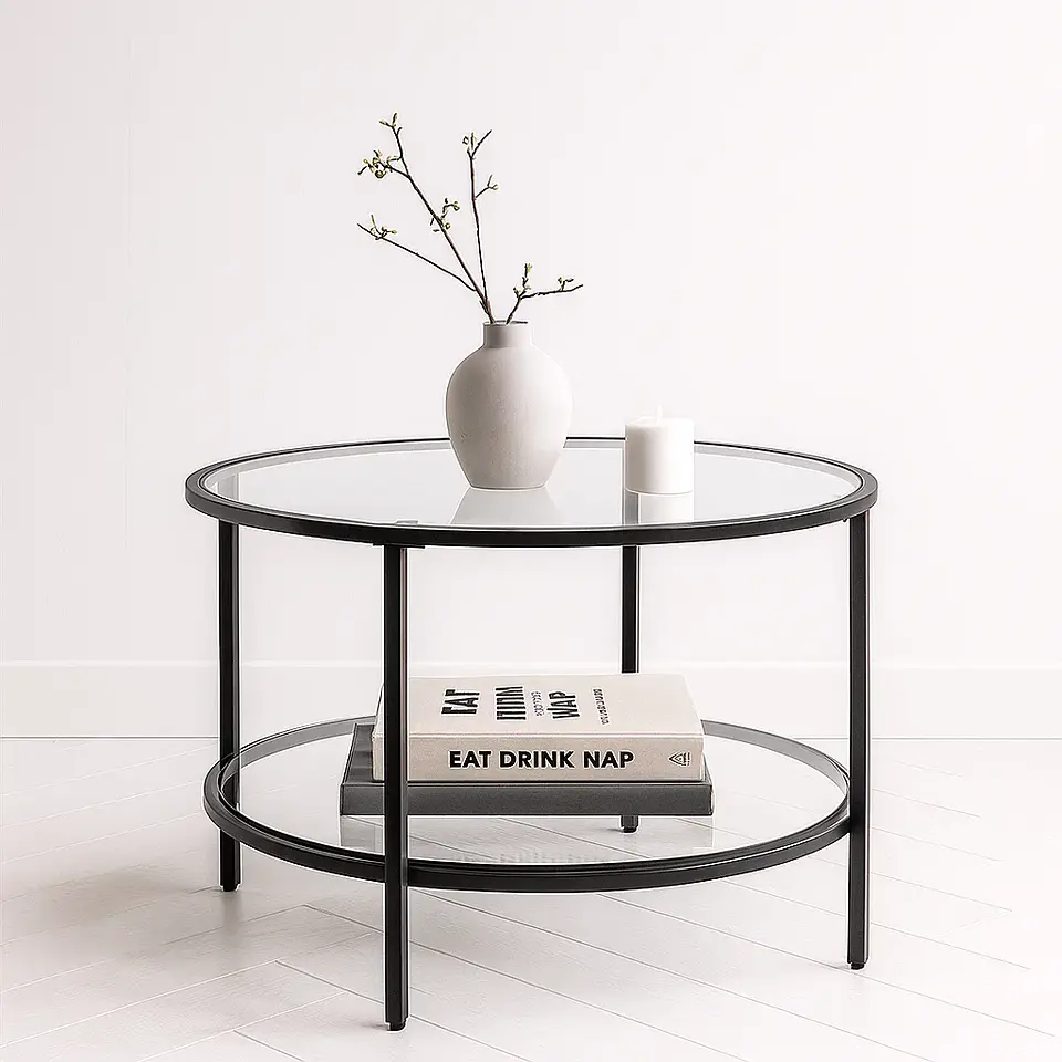 Mesa de Centro Orbe con Vidrio y Metal Negro 4
