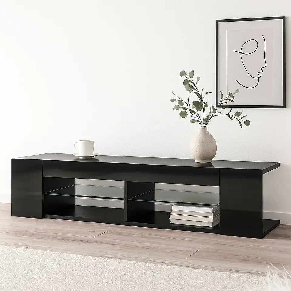 Mueble de TV Moderno Negro con Luces LED y Compartimentos 1