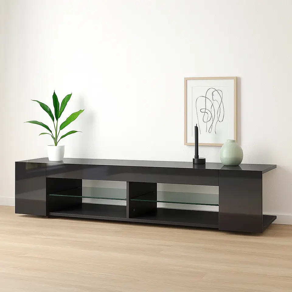 Mueble de TV Moderno Negro con Luces LED y Compartimentos 2