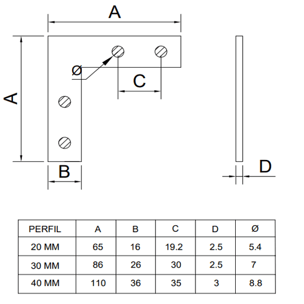 Placa soporte tipo L para perfil Tslot 20 mm (pack 2 und) 2