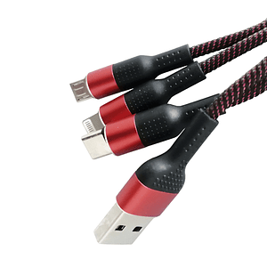 Cable carga rápida 3 en 1 de 2,4amp (lightning, USB C y micro USB), color negro, 1 mt