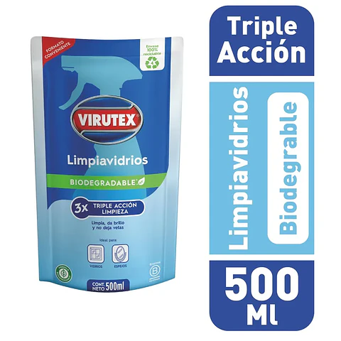 Limpia Vidrios Biodegradable Triple Acción Virutex 500 ml