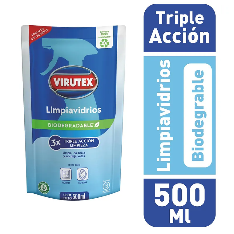 Limpia Vidrios Biodegradable Triple Acción Virutex 500 ml 1