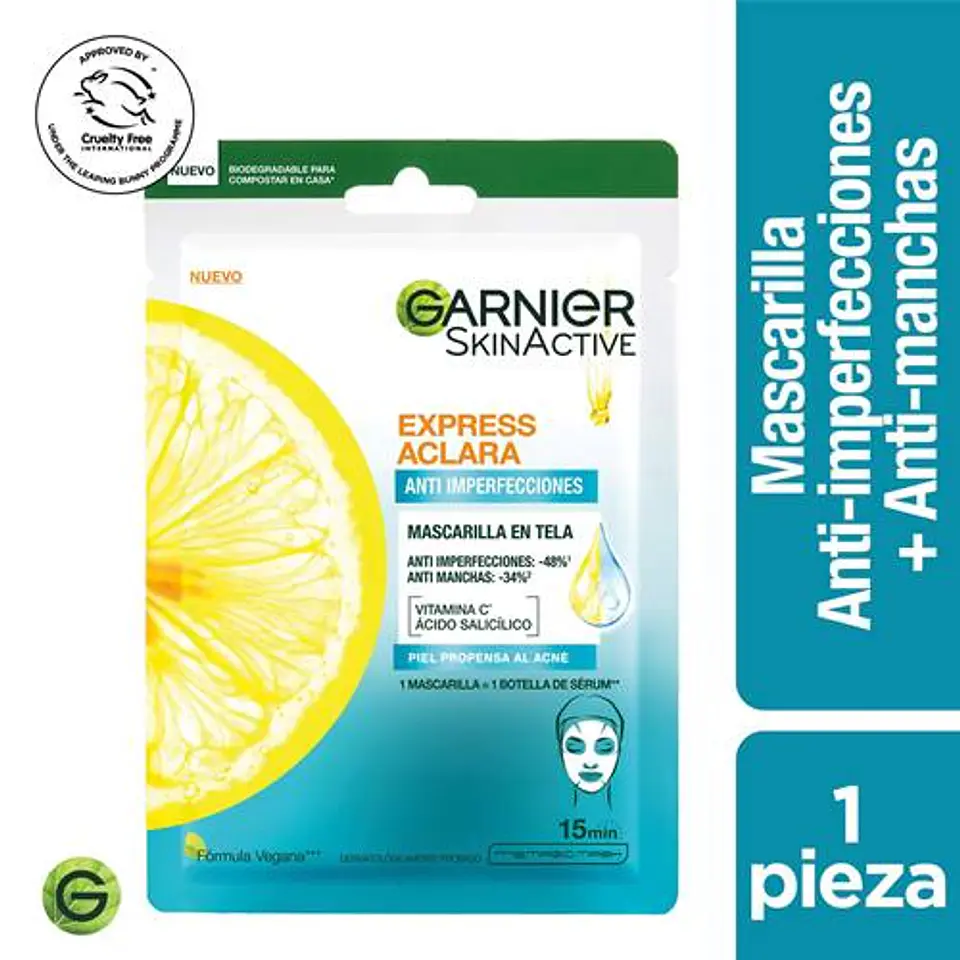 Mascarilla tela Garnier Anti-Imperfecciones Express Aclara 1