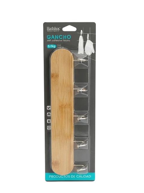 Gancho de Bambú Adhesivo Bathlux - Soporte 5kg con 5 Colgadores