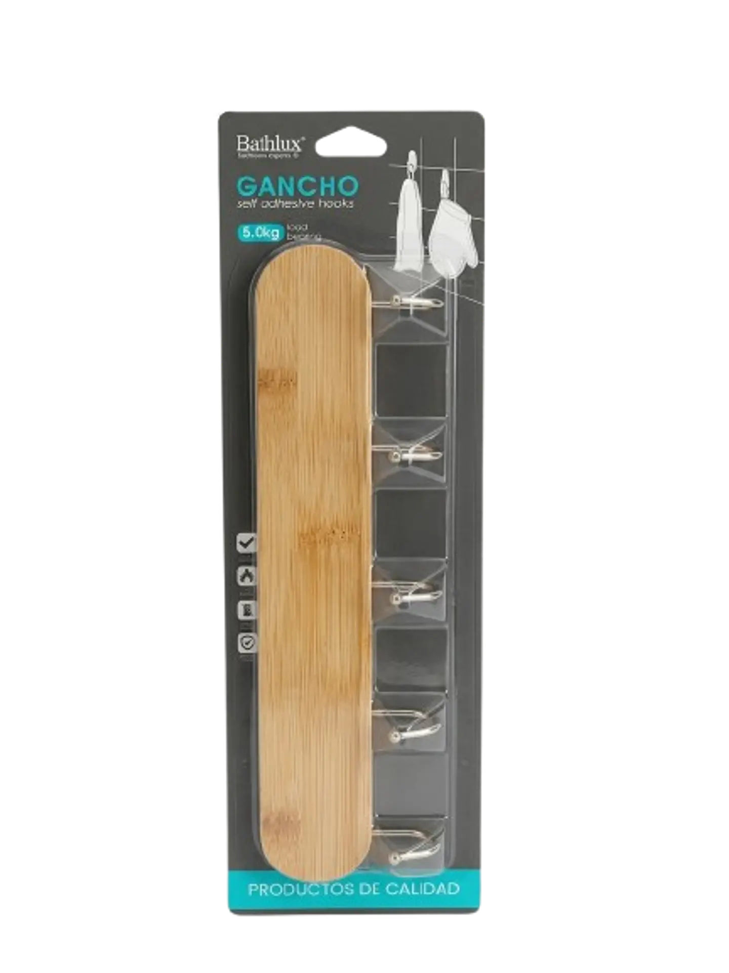 Gancho de Bambú Adhesivo Bathlux - Soporte 5kg con 5 Colgadores 1