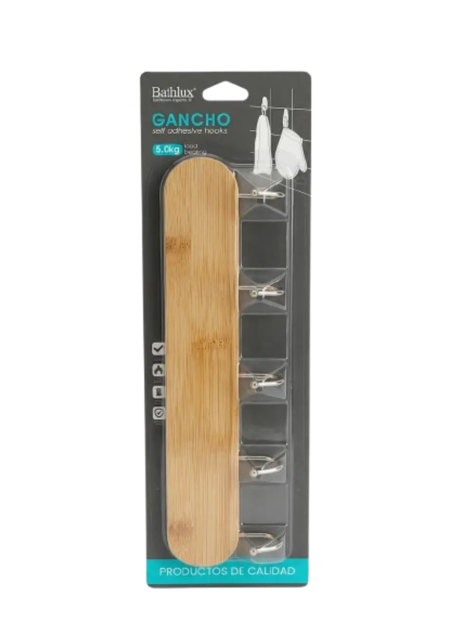 Gancho de Bambú Adhesivo Bathlux - Soporte 5kg con 5 Colgadores 1
