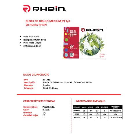 Block Dibujo Medium 99 1/8 20 Hojas Rhein