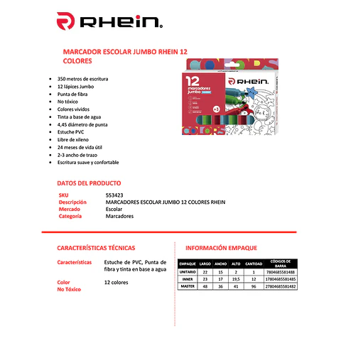 Plumon Escolar Jumbo 12 Colores Rhein