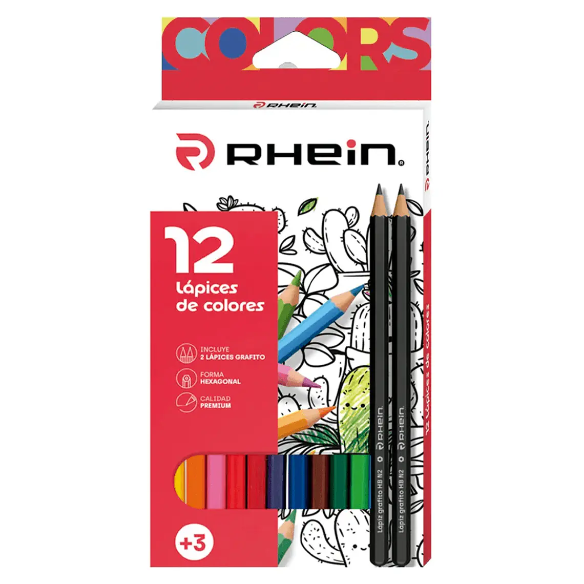 Lapices 12 Colores Largos Hexagonal + 2 Lapices Grafitos Rhein 1