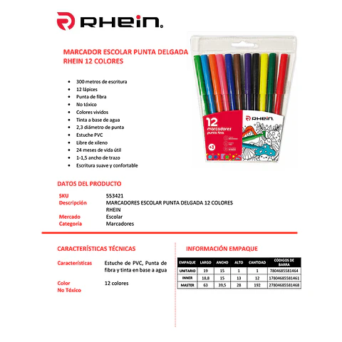 Plumon Escolar Punta Fina 12 Colores Rhein