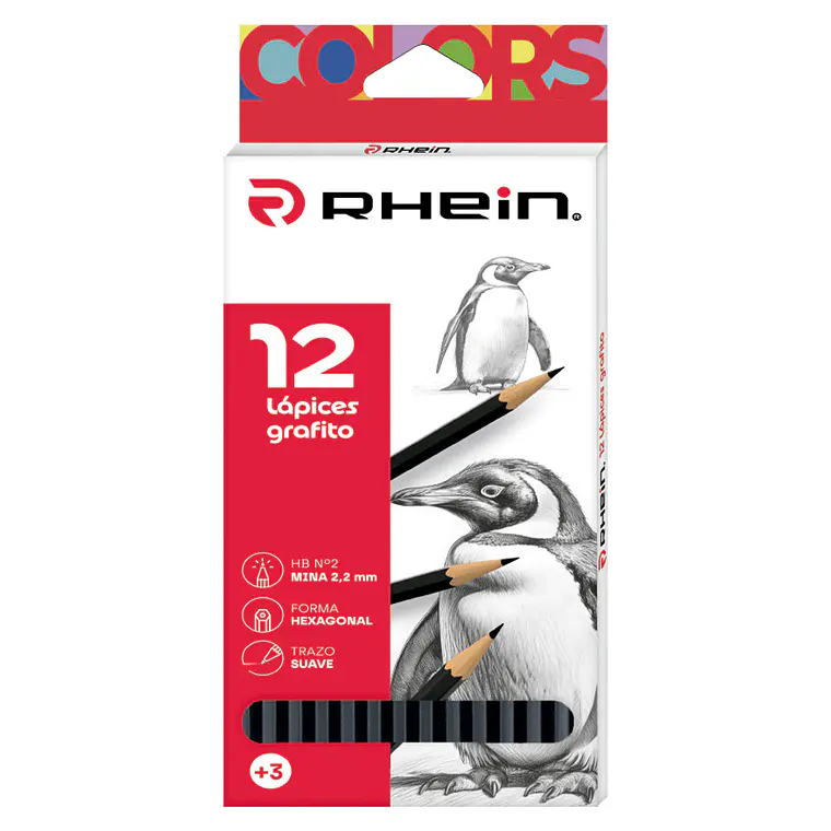 Lapiz Grafito N2 HB Sin Goma Hexagonal Mina Extra Resistente 12 Unidades Rhein 1