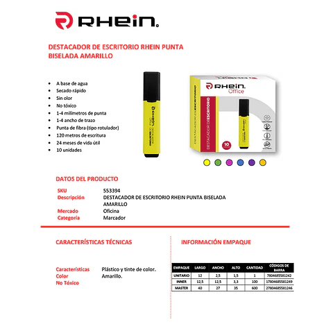 Destacador De Escritorio Punta Biselada Amarillo Rhein