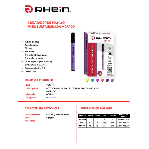 Destacador De Bolsillo Punta Biselada Morado Rhein