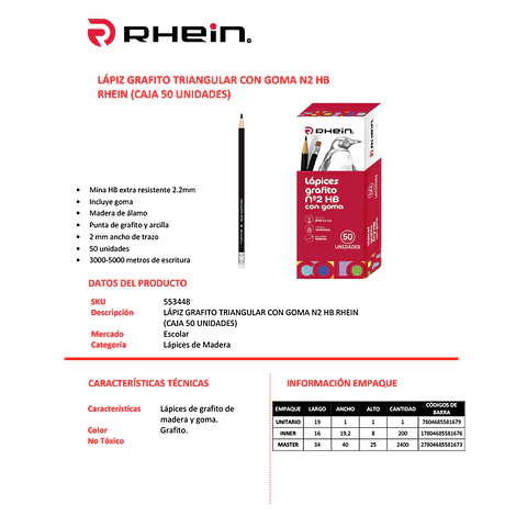 Lapiz Grafito N2 Hb Con Goma Hexagonal 1 unidad Rhein