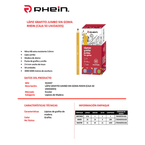 Lapiz Grafito Jumbo Sin Goma Triangular Rhein