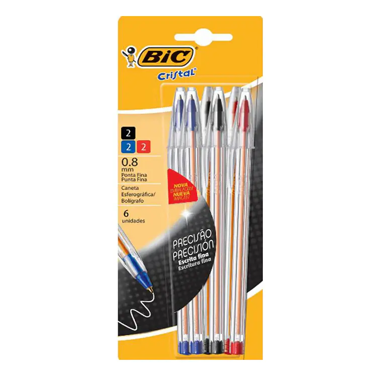 Lapiz Pasta Cristal Punta Fina Mixto Blister 6 Unidades 0,8 Mm Bic 1