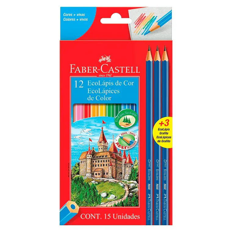 Lapices de 12 Colores Largos Hexagonal + 3 Grafitos Faber Castell 1