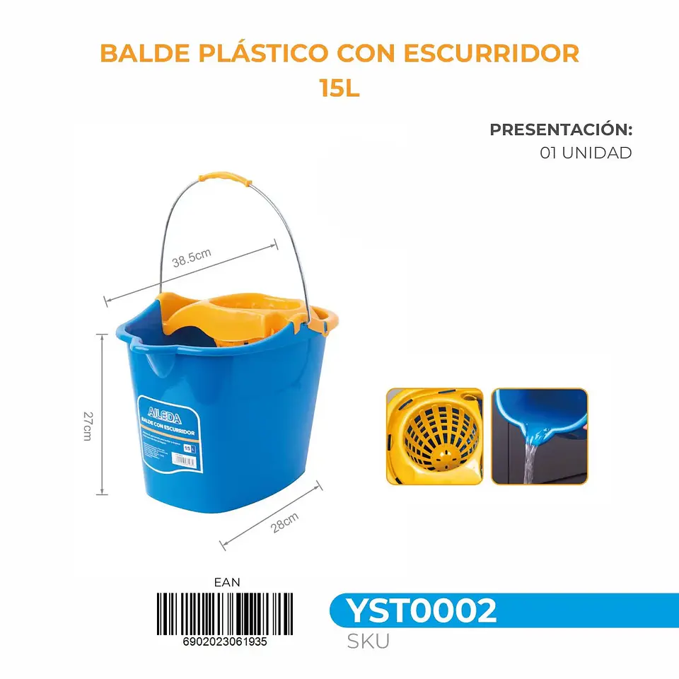 Aileda Balde Plástico Con Estrujador - Capacidad 15 Litros 4