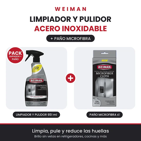 Pack Limpiador y Pulidor Acero Inoxidable Weiman 651 ml + Paño Microfibra
