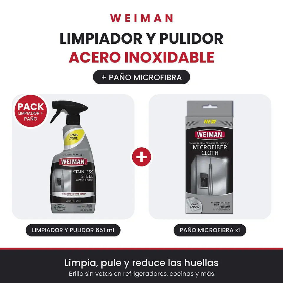 Pack Limpiador y Pulidor Acero Inoxidable Weiman 651 ml + Paño Microfibra 1
