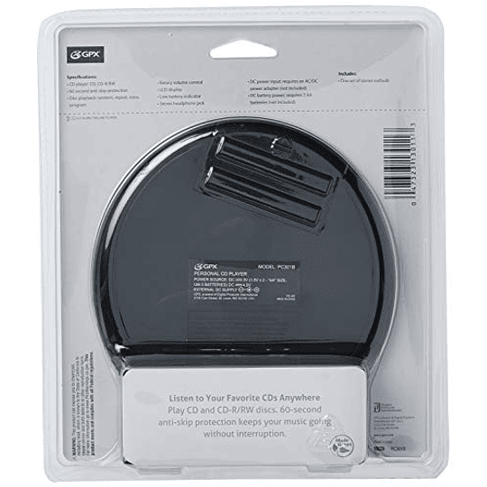 GPX PC301B Reproductor de CD portátil con auriculares estéreo y protección antisaltos (PC301B), negro, individual