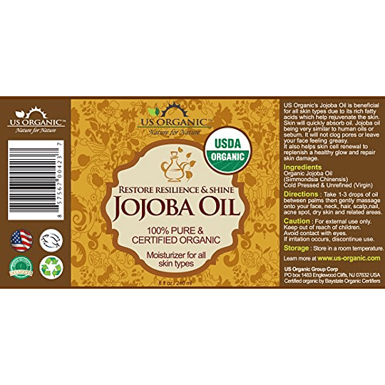 Aceite de jojoba orgánico de EE. UU., orgánico certificado por USDA, 100 % puro y natural, virgen prensado en frío, sin refinar, sin haxano, procedente de Oriente Medio directamente (grande (8 oz, 240