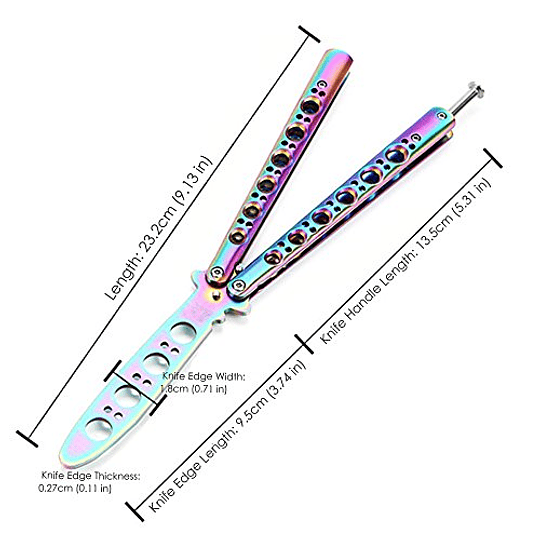 MAIYU Butterfly Knife Peine Trainer, Rainbow Metal Practice Balisong Acero inoxidable Dull Pocket Knives Trainer Tool con vaina (cuchillo de entrenamiento)