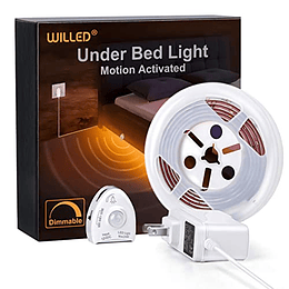 WILLED Luz para debajo de la cama, luz de cama regulable activada por movimiento, tira de LED de 5 pies con sensor de movimiento y adaptador de corriente, luz de noche de dormitorio ámbar para bebé, c