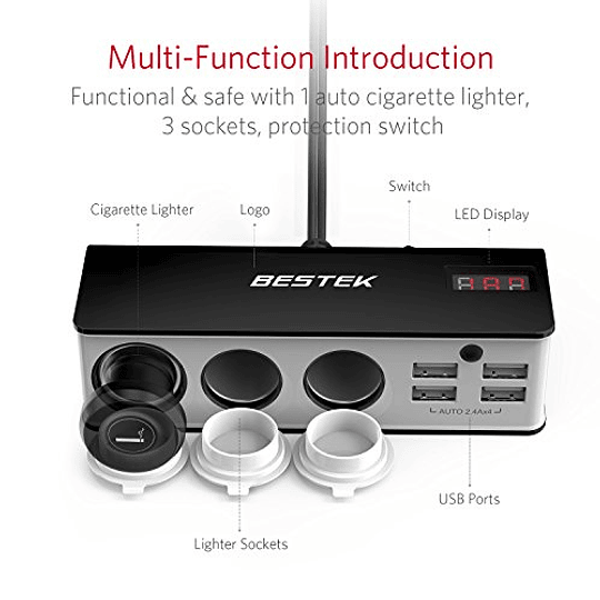 BESTEK Adaptador de encendedor de cigarrillos de 3 enchufes, 12 V/24 V 200 W CC Adaptador de alimentación divisor de encendedor de cigarrillos con divisor de adaptador de alimentación de coche de 6 A 