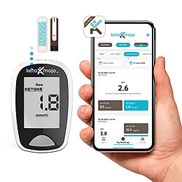 KETO-MOJO Kit de prueba de cetona y glucosa en sangre con Bluetooth + aplicación, 20 tiras de prueba (10 cada una), 1 metro, 10 lancetas, 1 dispositivo de punción, controle su cetosis y dieta cetogéni