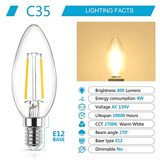 Ascher E12 LED Classic Candelabro Clear Light Bulb, 4W, equivalente a 40W, blanco cálido 2700K, filamento de vidrio transparente, no regulable, paquete de 5